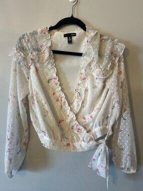 Aqua Floral Ruffle Wrap Blouse